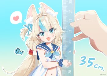 1girl :d ahoge aki'z animal_ear_fluff animal_ears blonde_hair blue_background blue_eyes blue_hair commentary dress fang frilled_sailor_collar frilled_shirt_collar frills heart height highres indie_virtual_youtuber lifebuoy_hair_ornament long_hair low_twintails mini_person minigirl multicolored_hair navel open_clothes open_dress open_mouth outline pov pov_hands ruler sailor_collar sailor_dress sameko_saba scrunchie simple_background sleeveless sleeveless_dress smile solo_focus spoken_heart streaked_hair twintails twitter_username two-tone_hair upper_body very_long_hair virtual_youtuber white_outline wrist_scrunchie