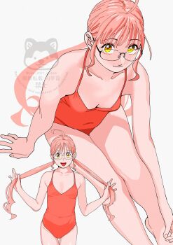 1girl ahoge alternate_costume alternate_hairstyle breasts casual_one-piece_swimsuit cowboy_shot downblouse feet_out_of_frame highres kantai_collection looking_at_viewer low_ponytail makigumo_(kancolle) multiple_views ojipon one-piece_swimsuit pink_hair ponytail red_swimsuit simple_background small_breasts smile swimsuit watermark white_background yellow_eyes