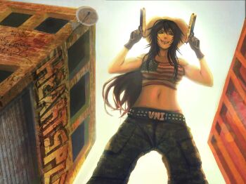 1girl american_flag american_flag_print american_flag_shirt clip_studio_paint_(medium) dual_wielding flag_print grin gun handgun heartsplz highres holding holding_gun holding_weapon long_hair midriff navel original print_shirt radio_antenna shirt smile tank_top weapon