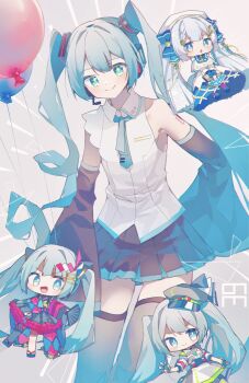 39 4girls :o absurdres aqua_eyes aqua_hair aqua_neckwear arm_behind_back balloon bare_shoulders black_legwear black_skirt black_sleeves blue_bow blue_bowtie blue_eyes blue_gloves blue_hair blue_tabard blunt_bangs book bow bowtie capelet chestnut_mouth chibi chimerism christmas_lights commentary detached_sleeves dress fingerless_gloves fortissimo frilled_dress frills fur-trimmed_capelet fur_trim fusion geta gloves gold_trim grey_headwear hair_bow hair_ornament hairclip hand_fan hatsune_miku hatsune_miku_(nt) headphones headset highres holding holding_book holding_fan japanese_clothes kimono krlouvf light_blue_hair long_hair looking_at_viewer magical_mirai_(vocaloid) magical_mirai_miku magical_mirai_miku_(2020_summer) mini_person minigirl miniskirt multiple_girls multiple_persona musical_note musical_note_hair_ornament neck_ribbon necktie open_mouth piapro_studio pleated_skirt project_sekai ribbon shirt shoulder_tattoo skirt sleeveless sleeveless_shirt smile snowflake_print sparkling_eyes standing tabard tattoo thighhighs treble_clef twintails v v-shaped_eyebrows very_long_hair vocaloid white_capelet white_dress white_shirt yukata yuki_miku yuki_miku_(2021) zettai_ryouiki