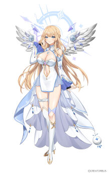 Rule 34 | 1girl, absurdres, angel wings, bare shoulders, beldir mistiltein, blonde hair, blue eyes, boots, braid, breasts, cleavage, closed mouth, clothing cutout, detached sleeves, dress, feathered wings, full body, gold trim, hand up, hibiwa, highres, large breasts, long hair, long sleeves, looking at viewer, navel, short dress, simple background, smile, solo, stomach cutout, thigh boots, thighhighs, thighs, v-lup, very long hair, virtual youtuber, white background, white dress, white thighhighs, wings