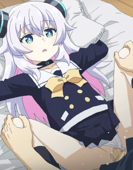 1boy 1girl alma-chan_wa_kazoku_ni_naritai alma_(alma-chan_wa_kazoku_ni_naritai) black_choker bow bowtie censored choker clothed_sex clothing_aside commentary_request hetero jaggy_lines loli long_hair lying missionary mosaic_censoring oekaki on_back paid_reward_available panties panties_aside penis pillow pink_hair school_uniform sex skirt solo_focus tomu_(tomubobu) underwear vaginal yellow_bow yellow_bowtie