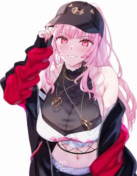 Rule 34 | 1girl, :d, absurdres, adjusting clothes, adjusting headwear, baseball cap, black hat, black jacket, blunt bangs, breasts, commentary, crop top, cropped shirt, fishnet top, fishnets, grin, halter shirt, halterneck, hat, highres, hololive, hololive english, jacket, kamiya maneki, large breasts, leaning forward, long hair, long sleeves, looking at viewer, midriff, mori calliope, mori calliope (streetwear), multicolored jacket, navel, off shoulder, official alternate costume, official alternate hairstyle, open mouth, pink eyes, pink hair, ponytail, red jacket, see-through cleavage, see-through clothes, sidelocks, simple background, skull and crossbones, smile, stomach, symbol-only commentary, two-tone jacket, upper body, virtual youtuber, white background