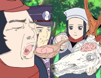 1girl 2boys akari_(pokemon) amo_(user26969907) antlers black_hair brain closed_eyes exposed_brain expressionless eyelashes feeding fingernails food food_on_face forest galaxy_expedition_team_survey_corps_uniform gen_5_pokemon golden_kamuy grey_eyes hat holding holding_skull holding_spoon horns ingo_(pokemon) jacket japanese_clothes lowres multiple_boys nature nintendo open_mouth outdoors parody pokemon pokemon_(creature) pokemon_legends:_arceus red_hat red_scarf rei_(pokemon) sawsbuck scarf scene_reference sideburns sidelocks skull spoon tongue tree white_hat wooden_spoon