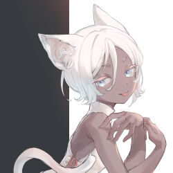 Rule 34 | 1girl, :3, animal ear fluff, animal ears, black background, blue eyes, cat ears, cat girl, cat tail, colored eyelashes, commentary request, dark-skinned female, dark skin, hands up, highres, kinutani yutaka, looking at viewer, original, shirt, short eyebrows, short hair, sleeveless, sleeveless shirt, solo, tail, tongue, tongue out, turtleneck, two-tone background, upper body, very dark skin, white background, white hair