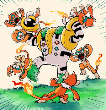 artist_name brown_fur closed_eyes fighting fire flame-tipped_tail gen_4_pokemon grass highres legendary_pokemon monferno monkey nintendo open_mouth pokemon pokemon_(creature) regigigas saffronscarf tail