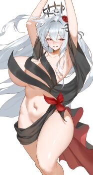 1girl absurdres ahoge armpits arms_up artist_request bare_shoulders black_dress blush breasts cleavage collarbone commentary_request commission crossed_bangs crown dress earrings floating_crown floating_hair flower hair_between_eyes hair_flower hair_intakes hair_ornament highres huge_breasts jewelry korean_commentary long_hair looking_at_viewer navel no_panties original parted_lips red_eyes red_flower red_rose revealing_clothes rose second-party_source see-through_clothes sidelocks simple_background smile solo standing star_(symbol) star_earrings stomach symbol-shaped_pupils thighs two-sided_dress two-sided_fabric underboob very_long_hair white_background white_hair x-shaped_pupils