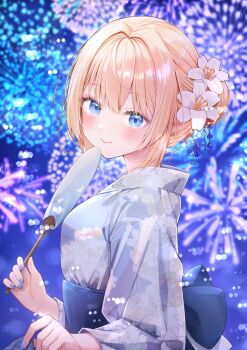 1girl aerial_fireworks akasaka_asa blonde_hair blue_eyes blue_kimono blue_nails blue_sash commentary_request fireworks flower from_side hair_bun hair_flower hair_ornament hand_fan highres indie_virtual_youtuber japanese_clothes karakuri_emily kimono long_sleeves looking_at_viewer night obi sash smile solo upper_body virtual_youtuber white_flower