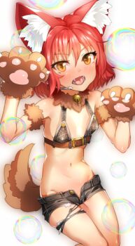 1girl animal_ears animal_hands breasts bubble commentary_request fangs gloves headset houen idolmaster idolmaster_cinderella_girls looking_at_viewer lowres murakami_tomoe navel open_fly open_mouth orange_eyes paw_gloves red_hair revealing_clothes short_hair short_shorts shorts small_breasts solo tail wolf_ears wolf_tail