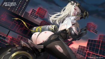 1girl aether_gazer ass black_gloves bodystocking breasts character_request copyright_name copyright_notice cube gloves grey_hair hand_on_own_head highres injury lillly long_hair looking_back multicolored_hair official_art open_mouth partially_fingerless_gloves red_eyes scar scar_across_eye scar_on_face second-party_source sky smile solo streaked_hair teeth torn_bodystocking torn_clothes upper_teeth_only white_hair
