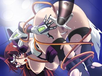 1girl akanejima_ranga anal anus armor ass bent_over black_thighhighs blush breasts cable censored dildo double_penetration from_behind game_cg gan-chan_(artist) gloves hanging_breasts hitozuma_sentai_aisaiger large_breasts long_hair magical_girl mosaic_censoring nipples non-web_source object_insertion official_art open_mouth purple_eyes pussy red_hair saiger_orchid sex_toy solo sweat tentacles thighhighs tongue torn_clothes torn_thighhighs vaginal vaginal_object_insertion variant_set