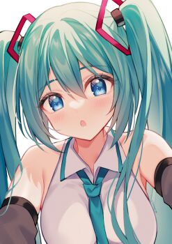 1girl :o aqua_hair aqua_necktie armpit_crease black_sleeves blue_eyes breasts collared_shirt hair_between_eyes hair_ornament hashtag-only_commentary hatsune_miku highres large_breasts long_hair looking_at_viewer necktie open_mouth outstretched_arms sasha_chii shirt simple_background solo twintails twitter_username upper_body vocaloid white_background