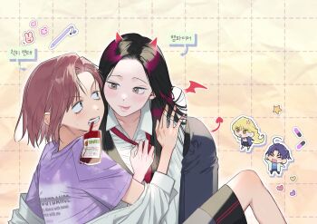 Rule 34 | 1boy, 3girls, :p, black hair, black pants, black skirt, blonde hair, blood time, blush, brown eyes, brown hair, character request, check gender, chibi, chibi inset, clenched teeth, commentary request, drawn horns, drawn tail, drawn wings, fang, gender request, grid background, highres, korean commentary, korean text, lips, lower eyelashes only, multiple girls, murrang f, necktie, official art, pants, purple hair, purple shirt, red necktie, school uniform, shirt, skirt, teeth, tongue, tongue out, translation request, v-shaped eyebrows, vampire, yuri