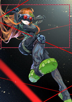 1girl absurdres ahoge belt black_bodysuit bodysuit breasts elbow_pads green_bodysuit hair_spread_out highres knee_pads legs_up long_hair oracle_(persona_5) orange_hair persona persona_5 sakura_futaba small_breasts solo very_long_hair zuihou_de_miao_pa_si