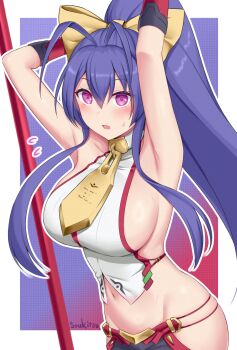 1girl antenna_hair armpits arms_up backless_outfit bare_shoulders black_pants blazblue blue_hair blush bow breasts clothing_cutout collarbone commentary_request cowboy_shot crop_top flying_sweatdrops gloves groin hair_between_eyes hair_bow highres hip_vent large_breasts long_hair looking_at_viewer lowleg lowleg_pants mai_natsume midriff navel open_mouth outseal pants polearm ponytail purple_eyes revealing_clothes shirt sideboob sidelocks signature sleeveless sleeveless_shirt solo soukitsu spear standing sweat very_long_hair weapon white_shirt yellow_bow