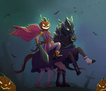 4girls admire_vega_(starry_nocturne)_(umamusume) admire_vega_(umamusume) animal_costume bat_(animal) boots cai_ji_(user_jmrv4342) cape chinese_commentary commentary_request full_body glowing halloween halloween_costume headless_horseman highres holding holding_sword holding_weapon horse_costume horse_tail jack-o&#039;-lantern lifting_person long_sleeves meisho_doto_(turbulent_blue)_(umamusume) meisho_doto_(umamusume) multiple_girls narita_top_road_(the_proud_road)_(umamusume) narita_top_road_(umamusume) night outdoors pantyhose shirt sitting sitting_on_person skirt standing sword t.m._opera_o_(o_sole_suo!)_(umamusume) t.m._opera_o_(umamusume) tail tombstone umamusume weapon