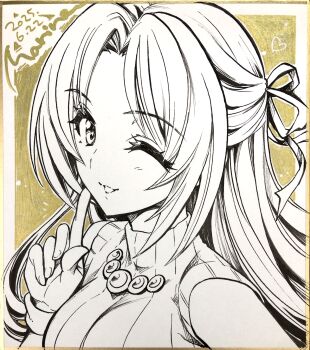 1girl ;d commentary_request dated greyscale hair_ribbon hand_up highres higurashi_no_naku_koro_ni index_finger_raised light_blush long_hair looking_at_viewer marine_(confeitokobo) monochrome one_eye_closed open_mouth parted_bangs portrait ribbon shikishi signature sleeveless sleeveless_sweater sleeveless_turtleneck smile solo sonozaki_shion sweater traditional_media turtleneck turtleneck_sweater