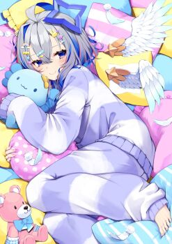 1girl :3 amane_kanata angel angel_wings axolotl barefoot blue_eyes blue_hair blush bob_cut closed_mouth colored_inner_hair commentary curled_up detached_wings eyelashes feathered_wings feathers foot_out_of_frame from_above gradient_eyes gradient_wings grey_hair hair_between_eyes hair_ornament hairclip halo highres hololive hototogisu_(hot_to_gis) hugging_object long_sleeves looking_at_viewer looking_up loose_hair_strand lying mini_wings multicolored_eyes multicolored_hair multicolored_wings narrowed_eyes on_bed on_side oversized_clothes pajamas pillow pink_hair purple_eyes purple_pajamas short_hair single_hair_intake sleeves_past_wrists smile solo star_halo striped_clothes striped_pajamas stuffed_animal stuffed_toy teddy_bear two-tone_pajamas virtual_youtuber white_feathers white_pajamas wings