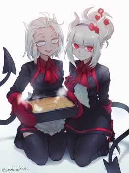 2girls :d absurdres apple_pie apron black_hairband black_thighhighs blunt_bangs bow bowtie demon_tail dress flower food gloves grey_eyes hair_flower hair_ornament hairband helltaker highres holding holding_knife horns justice_(helltaker) kneeling knife long_sleeves looking_at_viewer lucifer_(helltaker) medium_hair mittens mole mole_under_eye multiple_girls noah_(tettsui-sole) open_mouth pie red_bow red_bowtie red_eyes red_gloves simple_background smile steam tail thighhighs