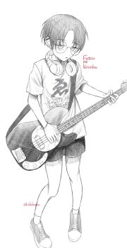 1girl bass_guitar clothes_writing commentary_request copyright_name ear_piercing full_body futsuu_no_keion-bu glasses greyscale guitar_strap headphones headphones_around_neck highres holding holding_bass_guitar holding_instrument instrument kakkokabu monochrome nikaidou_mawari parted_bangs piercing print_shirt round_eyewear shirt shoes short_hair short_shorts short_sleeves shorts sneakers solo t-shirt twitter_username