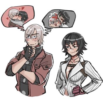 1boy 1girl biting_another&#039;s_head black_gloves black_hair blood blush coat dante_(devil_may_cry) devil_may_cry devil_may_cry_(series) devil_may_cry_4 fingerless_gloves gloves hand_on_own_chin hand_on_own_hip heart highres jacket jewelry jumpoon kiss lady_(devil_may_cry) midriff_peek necklace red_coat red_gloves sharp_teeth simple_background smile speech_bubble sweatdrop teeth thought_bubble white_background white_hair white_jacket