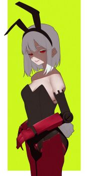 1girl absurdres anemoneeanemone animal_ear_hairband animal_ears bare_shoulders black_hairband black_leggings breasts character_request copyright_request cowboy_shot fake_animal_ears green_background hairband highres leggings leotard looking_at_viewer mechanical_arms medium_hair playboy_bunny rabbit_ears rabbit_tail red_eyes shaded_face simple_background small_breasts smile solo strapless strapless_leotard tail white_hair