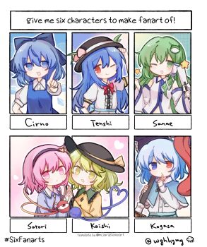 Rule 34 | 6+girls, :q, artist name, black hairband, black hat, blue bow, blue capelet, blue dress, blue hair, blue shirt, blue skirt, bow, bowtie, buttons, capelet, center frills, chinese commentary, cirno, collared shirt, commentary request, detached sleeves, detached wings, diamond button, dress, eyeball, fby1313133, frilled shirt collar, frilled sleeves, frills, frog hair ornament, fur-trimmed capelet, fur trim, green eyes, green hair, hair bow, hair ornament, hair tubes, hairband, hat, hat ornament, hat ribbon, heart, heart button, heart hair ornament, heart of string, heterochromia, highres, hinanawi tenshi, ice, ice wings, index finger raised, karakasa obake, kochiya sanae, komeiji koishi, komeiji satori, leaf hat ornament, long sleeves, looking at viewer, multiple drawing challenge, multiple girls, one eye closed, open mouth, peach hat ornament, pinafore dress, pink eyes, pink hair, puffy short sleeves, puffy sleeves, purple eyes, purple umbrella, red bow, red bowtie, red eyes, ribbon, shirt, short hair, short sleeves, siblings, single hair tube, sisters, six fanarts challenge, skirt, sleeveless, sleeveless dress, smile, snake hair ornament, star (symbol), tatara kogasa, third eye, tongue, tongue out, touhou, umbrella, white shirt, wide sleeves, wings, yellow ribbon, yellow shirt