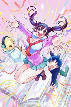 1boy 2girls aqua_pants aqua_skirt black_socks blonde_hair blue_hair blush book breasts brown_eyes brown_hair brown_shoes cardigan commentary_request confetti double_bun hair_bun highres hood hoodie kaba_yuuji kakunaru_ue_wa large_breasts long_hair looking_at_viewer miyamoto_niina multiple_girls necktie open_book open_mouth pants pink_background pink_cardigan pleated_skirt red_necktie school_uniform shioiri_ren shirt shoes short_hair signature skirt smile socks teeth textless_version twintails uehara_yuuki upper_teeth_only white_shirt