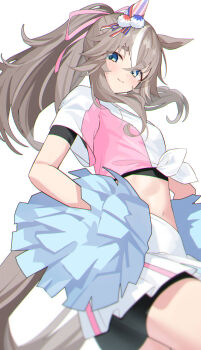1girl animal_ears black_shorts blue_eyes blush cheerleader closed_mouth commentary_request crop_top crossed_bangs ear_covers grey_hair grey_tail hair_between_eyes hair_ribbon highres holding holding_pom_poms horse_ears horse_girl horse_tail long_sleeves looking_at_viewer meyamu midriff pink_ribbon pom_pom_(cheerleading) pom_poms ponytail ribbon shirt short_eyebrows shorts simple_background single_ear_cover skirt solo tail thick_eyebrows tied_shirt umamusume white_background white_skirt wonder_acute_(umamusume)