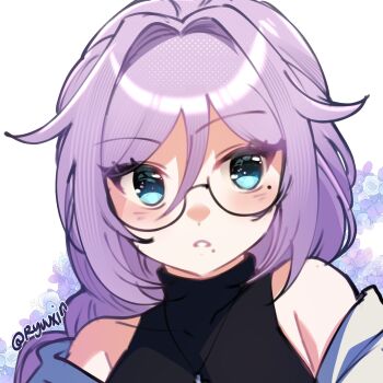 1girl artist_name bare_shoulders blue_eyes commentary commission double-parted_bangs english_commentary glasses hair_between_eyes highres long_hair looking_at_viewer mole mole_under_eye mole_under_mouth original parted_lips portrait purple_hair ryuuxin sleeveless sleeveless_turtleneck solo turtleneck