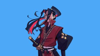 Rule 34 | 1boy, black bodysuit, black hair, black sash, blue background, bodysuit, colored inner hair, dark persona, high ponytail, hikari ku, long hair, looking at viewer, male focus, multicolored hair, n i7r, octopath traveler, octopath traveler ii, ponytail, red eyes, red hair, red tabard, sash, sheath, sheathed, simple background, solo, standing, sword, tabard, two-tone hair, v-shaped eyebrows, weapon, wide-eyed