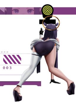 1girl aiming arm_support bare_shoulders bent_over black_gloves black_shoes blackcapbandit commentary dress english_commentary facing_away feathered_wings from_behind gloves goddess_of_victory:_nikke gun halo hand_up high_heels highres holding holding_gun holding_weapon hololive hololive_english long_hair meme nikke&#039;s_shooting_pose_(meme) ninomae_ina&#039;nis ninomae_ina&#039;nis_(1st_costume) platform_clogs platform_heels platform_shoes pointy_ears purple_background purple_dress purple_hair shoes single_detached_legging target target_practice two-tone_background virtual_youtuber weapon white_background wings