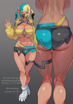 1girl amamiya_(abaros) aqua_hair ass blonde_hair blue_eyes breasts canari_(pokemon) commentary_request dark-skinned_female dark_skin from_behind highres huge_breasts jacket looking_at_viewer mask micro_shorts midriff mouth_mask multicolored_hair multiple_views nintendo open_clothes open_jacket pokemon pokemon_legends:_z-a short_twintails shorts sideboob solo split-color_hair strapless sweat topless_female tube_top twintails two-tone_hair two-tone_mask v yellow_jacket