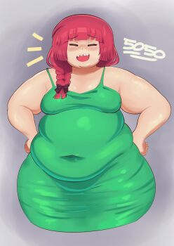 1girl belly black_bow blush bocchi_the_rock! bow braid breasts closed_eyes covered_navel cowboy_shot dress fat fat_woman green_dress grey_background hair_bow hair_over_shoulder hands_on_own_hips hiroi_kikuri hitthat5050 medium_hair open_mouth red_hair sharp_teeth single_braid sleeveless sleeveless_dress small_breasts smile solo standing teeth thick_arms tight_clothes tight_dress upper_teeth_only wide_hips