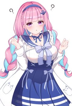 Rule 34 | 1girl, ?, absurdres, anchor hair ornament, anchor symbol, blue choker, blue hairband, blue sailor collar, blush, bow, braid, breasts, choker, colored inner hair, frilled sailor collar, frills, hair ornament, hairband, high-waist skirt, highres, hololive, jacket, long hair, long sleeves, looking at viewer, minato aqua, minato aqua (sailor), multicolored hair, official alternate costume, pink hair, purple eyes, ribbon choker, sailor collar, school uniform, serafuku, skirt, solo, twin braids, two-tone hair, user uvdj4347, virtual youtuber, white background