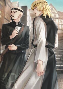 Rule 34 | 2boys, artist logo, badeni, bag, black hair, black tabard, blonde hair, brown bag, chi.: chikyuu no undou ni tsuite, clerical collar, eyepatch, facial hair, goatee, grabowski, highres, iorbtyn, logo, male focus, medium hair, multiple boys, mustache, scar, scar on face, scar on lip, scar on mouth, scar on nose, shoulder bag, tabard, tonsure