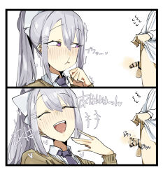 1boy 1girl 2koma ^^^ bar_censor bottomless bow brown_sweater censored clothes_lift comic grey_hair hair_ornament higuchi_kaede humiliation laughing leebo_(leeboxxx) looking_at_penis mole mole_under_eye necktie nijisanji penis ponytail purple_eyes purple_necktie shirt shirt_lift small_penis small_penis_humiliation small_testicles sweatdrop sweater teeth testicles twitching_penis upper_teeth_only virtual_youtuber white_background white_bow white_shirt