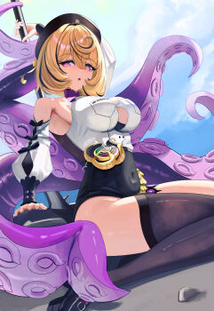 Rule 34 | 1girl, @ @, absurdres, armpits, bare shoulders, black hat, black leotard, black shoes, black thighhighs, blonde hair, blush, breasts, detached sleeves, gang ryeol, hat, high-waist shorts, highres, large breasts, leotard, looking at viewer, mole, mole under mouth, monster girl, multicolored hair, octopus girl, open mouth, scylla, shirt, shoes, short hair, shorts, single thighhigh, sleeveless, sleeveless shirt, smile, solo, streaked hair, sweat, tentacles, thighhighs, white shirt, yidhari murphy, zenless zone zero