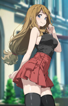 1girl bare_shoulders black_shirt black_thighhighs blue_eyes blush breasts brown_hair closed_mouth commentary_request hand_up highres large_breasts long_hair looking_at_viewer low-tied_long_hair nintendo outdoors pleated_skirt pokemon pokemon_xy red_skirt serena_(pokemon) shirt skirt sleeveless sleeveless_shirt smile solo standing thighhighs tsukishiro_saika