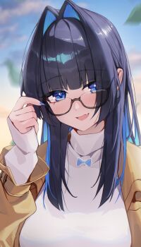 1girl absurdres black-framed_eyewear blue_eyes blue_hair blue_nails blunt_bangs blurry blurry_background blush breasts brown_coat coat colored_inner_hair commentary fang fingernails glasses hair_intakes hand_up highres hololive hololive_english long_hair long_sleeves looking_at_viewer multicolored_hair nail_polish official_alternate_costume official_alternate_hairstyle open_mouth ouro_kronii ouro_kronii_(casual) semi-rimless_eyewear sidelocks skin_fang sleeves_past_wrists smile solo sweater symbol-only_commentary turtleneck turtleneck_sweater under-rim_eyewear upper_body virtual_youtuber white_sweater yoellim5