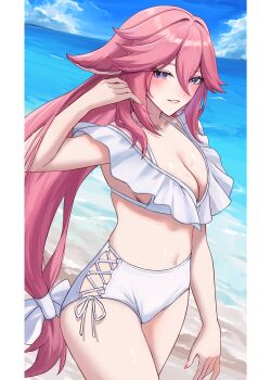 1girl absurdres alternate_costume animal_ears beach bikini blue_sky blush breasts cleavage cloud collarbone commentary cowboy_shot day double-parted_bangs droopy_ears floppy_ears fox_ears fox_girl genshin_impact hair_between_eyes hal_aluha hand_up high-waist_bikini highres long_hair looking_at_viewer medium_breasts navel outdoors parted_lips pillarboxed pink_hair purple_eyes revision signature sky smile solo stomach swimsuit teeth thighs very_long_hair water wet white_bikini yae_miko