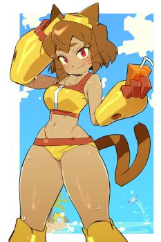 1girl alternate_costume animal_ears bikini boots breasts brown_hair cat_ears cat_girl cat_tail chest_fur commentary curvy dark-skinned_female dark_skin drink_carton dripping fang furry furry_female gameoverse gauntlets goggles goggles_on_head highres island juice_box kit_bodega looking_at_viewer medium_breasts midriff navel ocean official_alternate_costume ohta_guk_hip red_eyes short_hair smile swimsuit tail thighs wet whiskers wide_hips yellow_bikini yellow_boots yellow_gauntlets