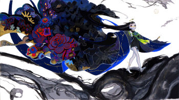 1girl absurdres barefoot black_eyes black_hair commentary_request floating_hair flower full_body highres japanese_clothes kimono layered_kimono long_hair open_clothes open_kimono original outstretched_arms shiguretau smile spread_arms traditional_media very_long_hair