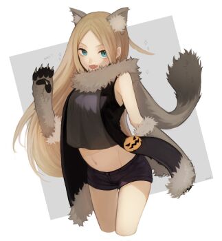 10s 1girl animal_ears animal_hands black_shorts blue_eyes breasts brown_hair crop_top crop_top_overhang cropped_legs curry_gohan eyelashes fang female_focus fur_trim gloves halloween heart heart_in_mouth highres jack-o'-lantern konami_kirie light_brown_hair long_hair looking_at_viewer medium_breasts midriff paw_gloves scarf shorts sleeveless solo sparkle square stomach tail thigh_gap very_long_hair white_background wolf_ears wolf_tail world_trigger
