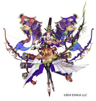 1girl arrow_(projectile) black_gloves black_thighhighs bow_(weapon) breasts character_request copyright_notice copyright_request dress fingerless_gloves gloves highres holding holding_bow_(weapon) holding_weapon long_hair orange_dress platform_sandals ponytail purple_hair red_eyes sandals solo tassel thighhighs weapon white_background z-ton