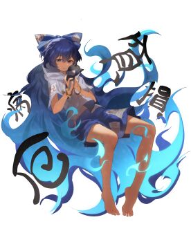 1girl absurdly_long_hair absurdres barefoot blue_bow blue_eyes blue_hair blue_skirt bow closed_mouth commentary_request expressionless fiery_hair full_body grey_hoodie hair_bow highres holding holding_stuffed_toy hood hoodie kinoko_(kino2435006) legs long_hair skirt solo stuffed_animal stuffed_cat stuffed_toy tachi-e thighs touhou very_long_hair white_background yorigami_shion