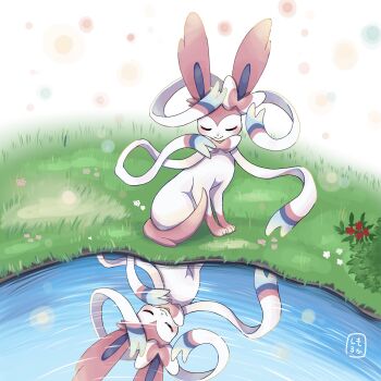 animal_focus blush bow closed_eyes closed_mouth commentary_request flower full_body gen_6_pokemon highres looking_at_viewer moshi2hitomoshi nintendo no_humans on_grass outdoors pink_fur pokemon pokemon_(creature) pokemon_focus red_flower reflection reflective_liquid ribbon simple_background smile solo sylveon two-tone_fur white_background white_flower white_fur