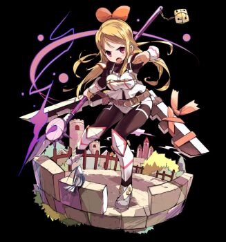 1girl belt bird black_background black_bodysuit blonde_hair blush bodysuit bow breasts brick_wall brown_belt building camisole fang fence fighting_stance full_body grey_shoes hair_bow hand_up highres holding holding_polearm holding_weapon knee_guards large_breasts long_hair merc_storia merc_storia_art_team miriel_(merc_storia) official_art open_hand open_mouth orange_bow parted_bangs polearm purple_eyes shoes simple_background single_sidelock solo standing tachi-e tower v-shaped_eyebrows weapon white_camisole