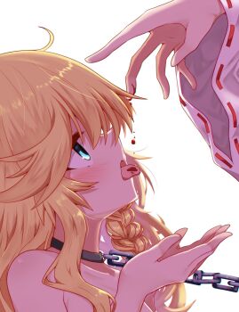 2girls ahoge bleeding blonde_hair blood blue_eyes blush braid chain collar completely_nude drinking_blood hakurei_reimu highres kirisame_marisa long_sleeves multiple_girls nude out-of-frame_censoring rankasei ribbon-trimmed_sleeves ribbon_trim side_braid simple_background touhou upper_body white_background wide_sleeves yuri