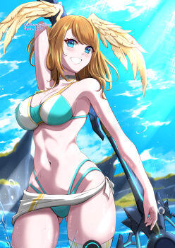 1girl absurdres arm_up bare_arms bare_shoulders bikini blue_bikini blue_eyes blue_sky blush breasts brown_hair choker cleavage cloud commentary_request cowboy_shot day eunie_(xenoblade) gluteal_fold grey_choker grin groin head_wings highres large_breasts long_hair looking_at_viewer mercury_xeno nevel sky smile solo standing stomach swimsuit thighs wings xenoblade_chronicles_(series) xenoblade_chronicles_3